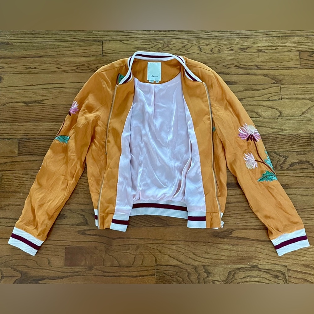 Anthropologie Elevenses Golden Yellow Floral Embroidered Zip Bomber Jacket XS - Picture 9 of 9